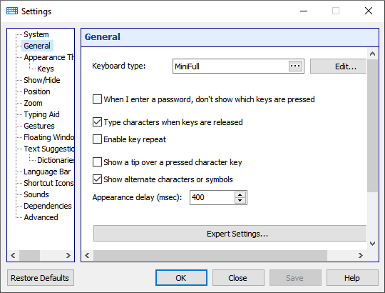 Configurações do teclado virtual